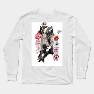 Black and White Cat with Flowers Long Sleeve T-Shirt